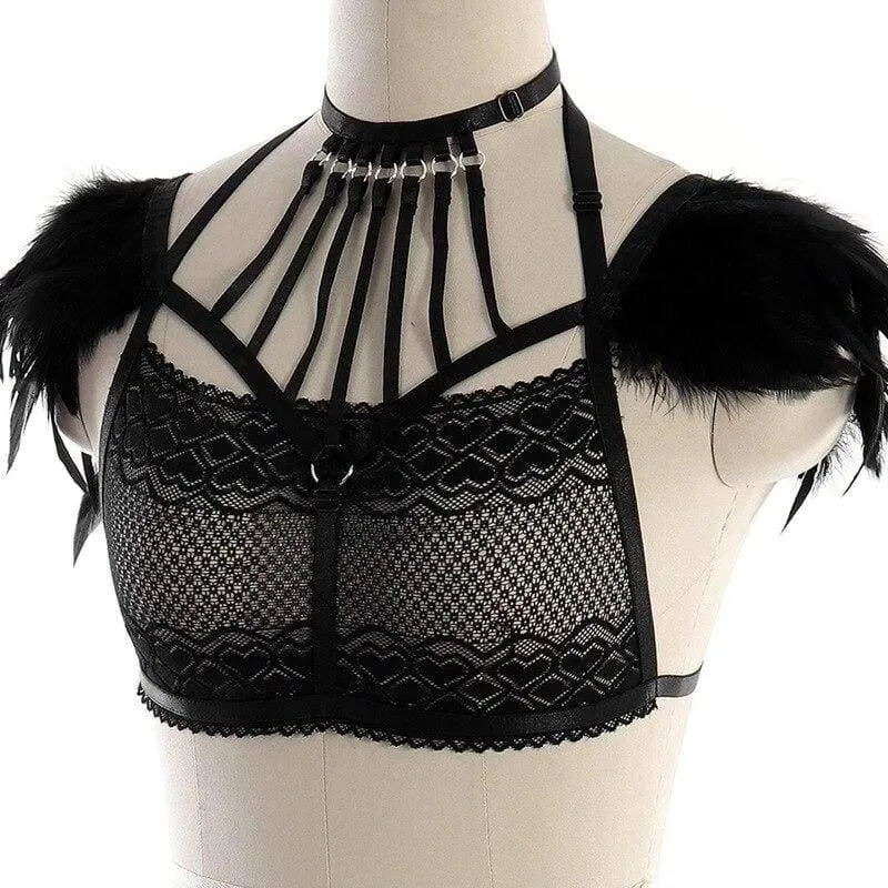 Handmade Classical Lace Bra with Feather Epaulettes Shoulder Wings Vintage Sheer Aristocrat Lady Dress