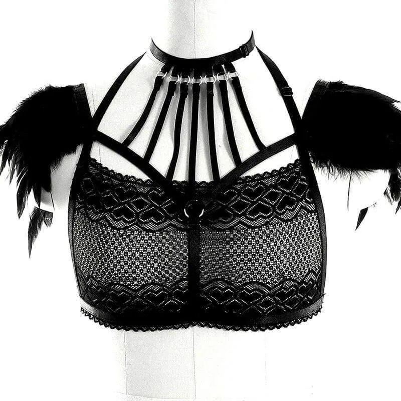 Handmade Classical Lace Bra with Feather Epaulettes Shoulder Wings Vintage Sheer Aristocrat Lady Dress