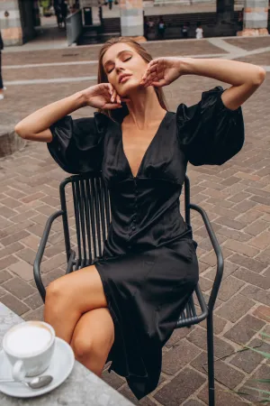 Midi Organic Peace Silk Dress with Puffed Sleeves