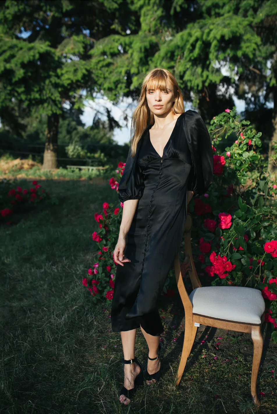 Midi Organic Peace Silk Dress with Puffed Sleeves