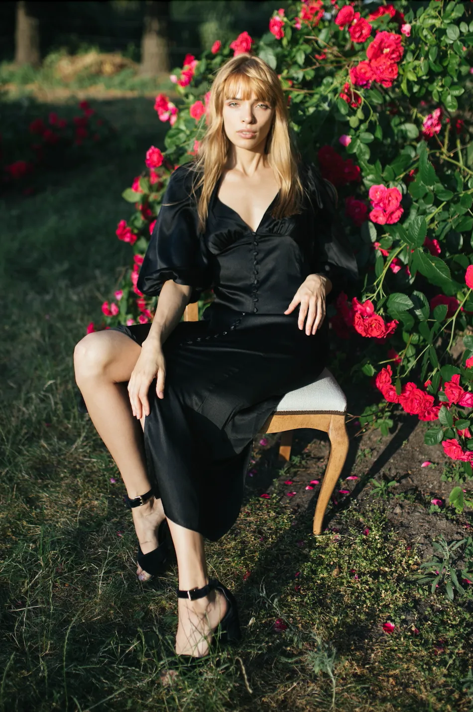 Midi Organic Peace Silk Dress with Puffed Sleeves
