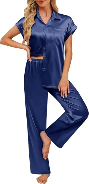 Myclawshirts Womens Satin Pajamas Set Silky Two-piece Short Sleeve and Long Pants Sleepwear