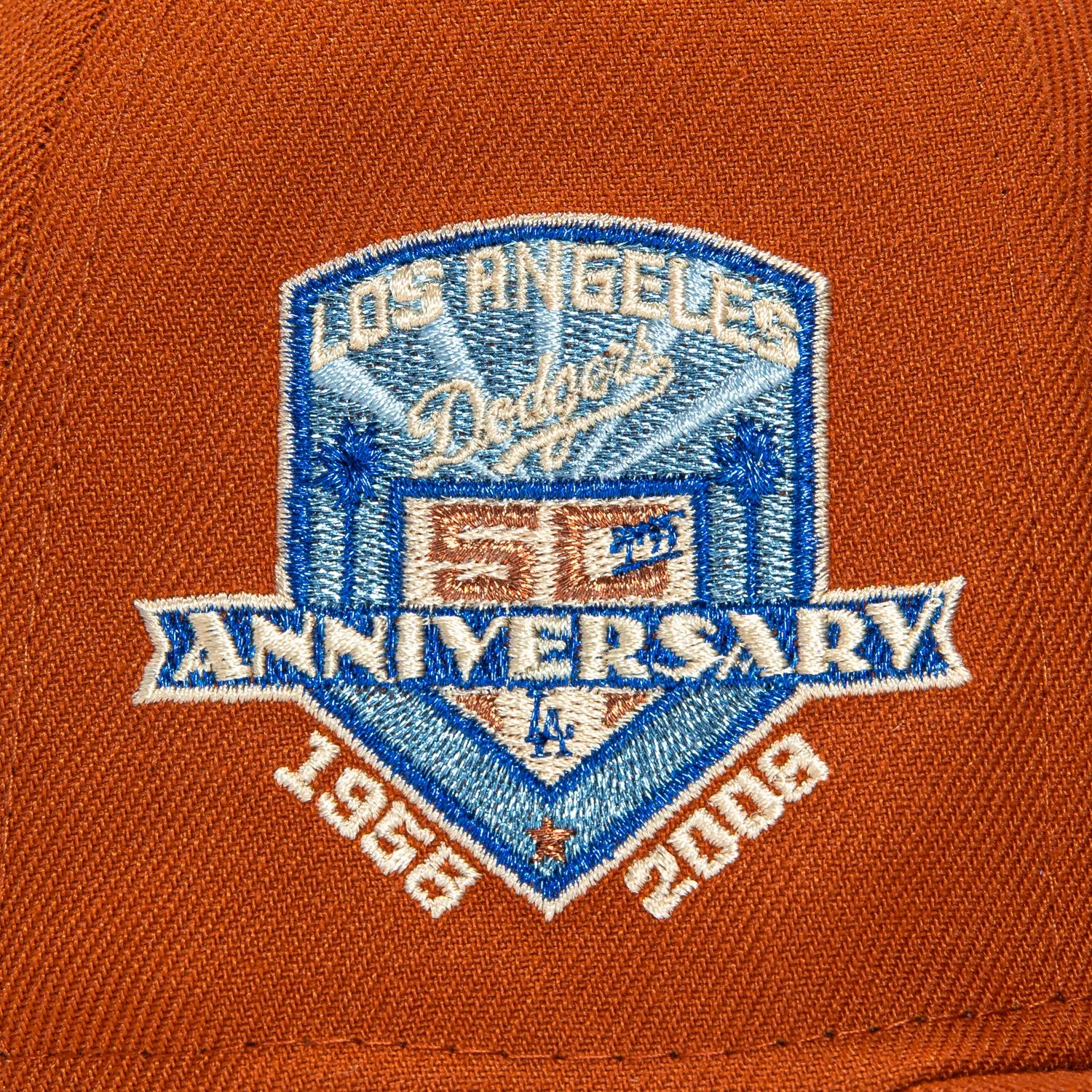 New Era 59Fifty Los Angeles Dodgers 50th Anniversary Patch Script Hat - Burnt Orange, Royal, Metallic Copper