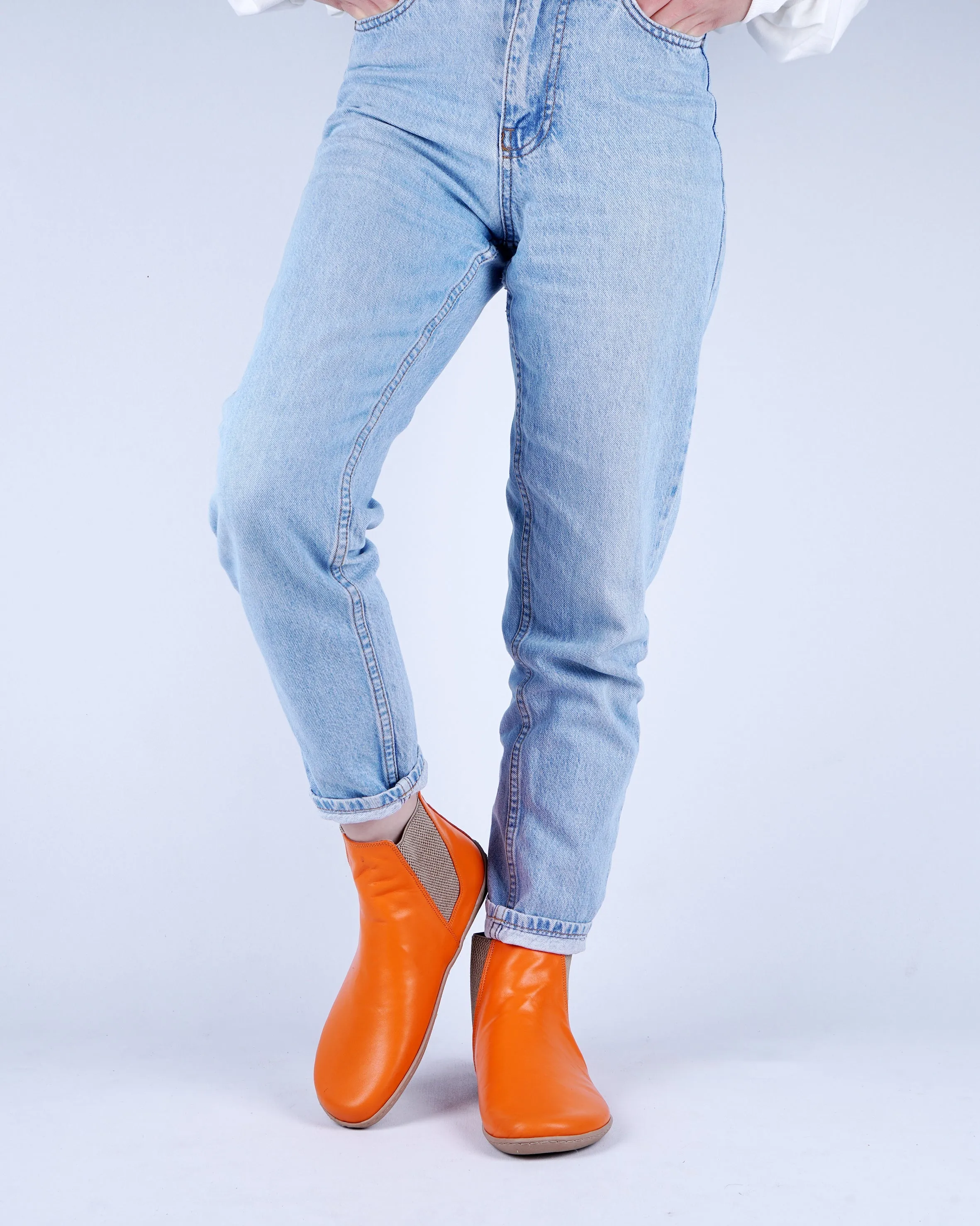 Orange Chelsea Boots Wide Barefoot Shoes Smooth Leather Handmade 6mm Rubber Outsole
