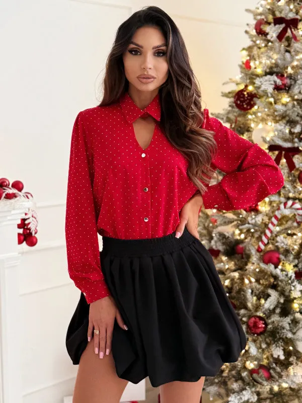Polished V-Neck Beaded Long-Sleeve Single-Breasted Shirt
