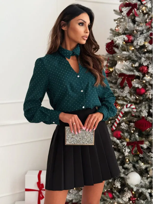 Polished V-Neck Beaded Long-Sleeve Single-Breasted Shirt