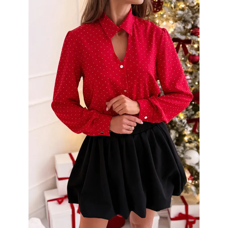 Polished V-Neck Beaded Long-Sleeve Single-Breasted Shirt