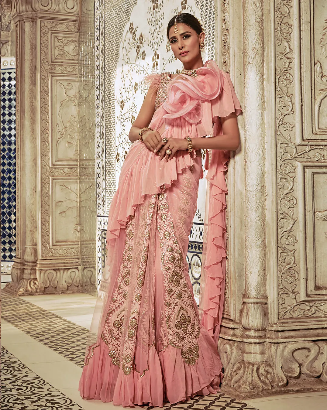 Powder Pink Ruffle Sari