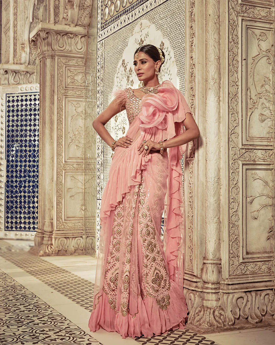 Powder Pink Ruffle Sari