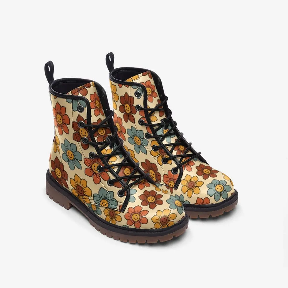 Retro 1970s Smiling Flowers Combat Boots