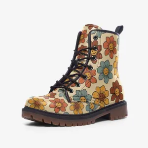 Retro 1970s Smiling Flowers Combat Boots