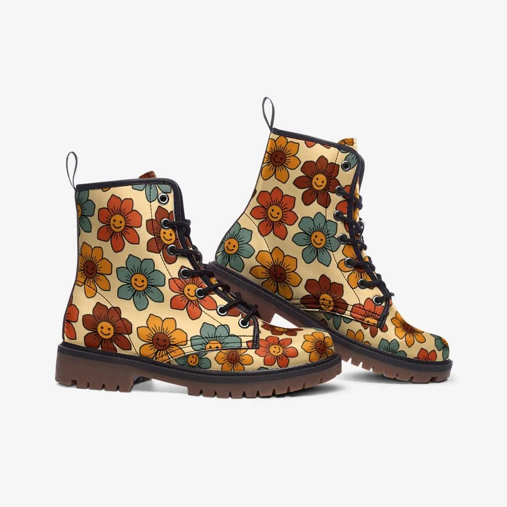 Retro 1970s Smiling Flowers Combat Boots