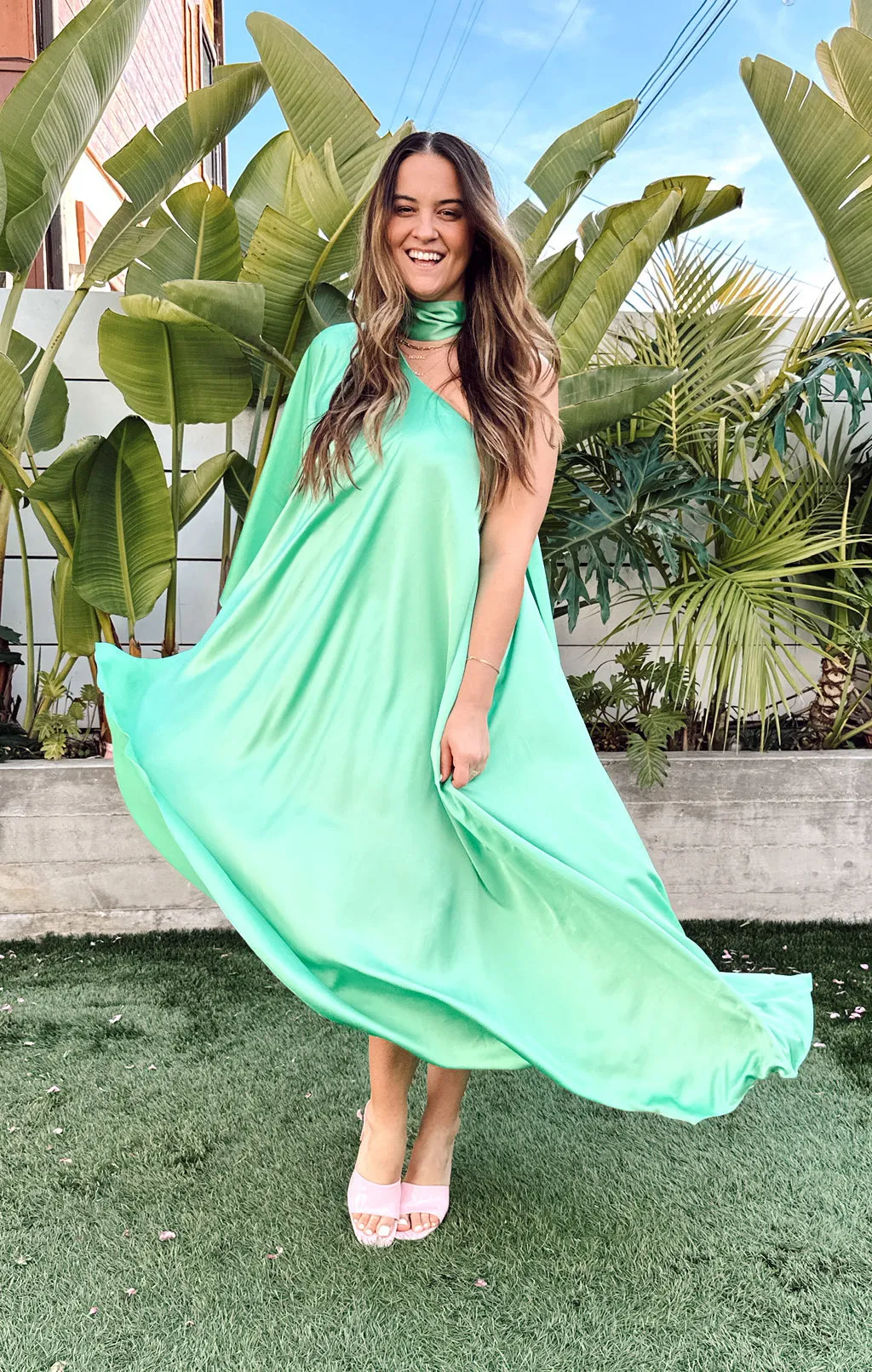 Rhea One Shoulder Dress ~ Kiwi Luxe Satin
