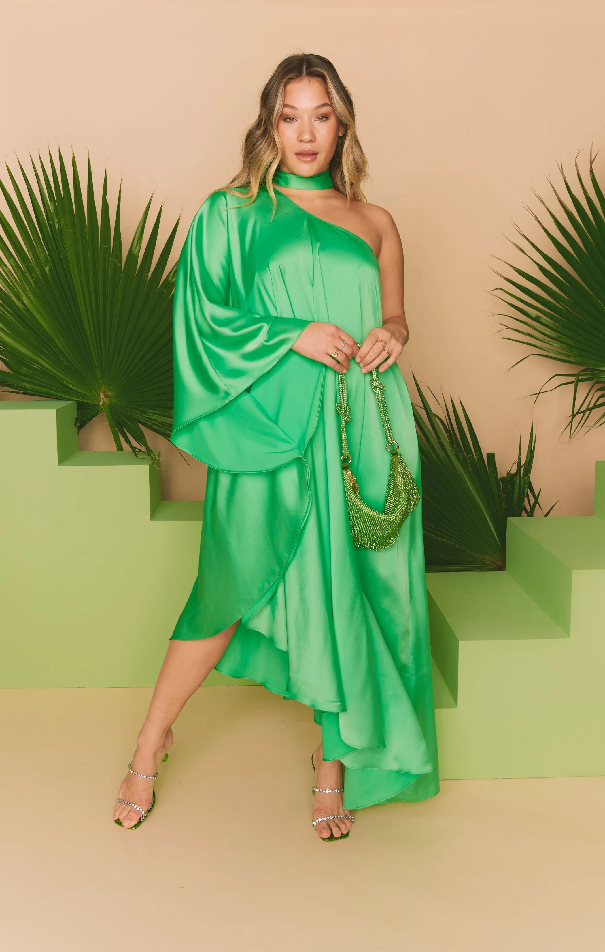 Rhea One Shoulder Dress ~ Kiwi Luxe Satin