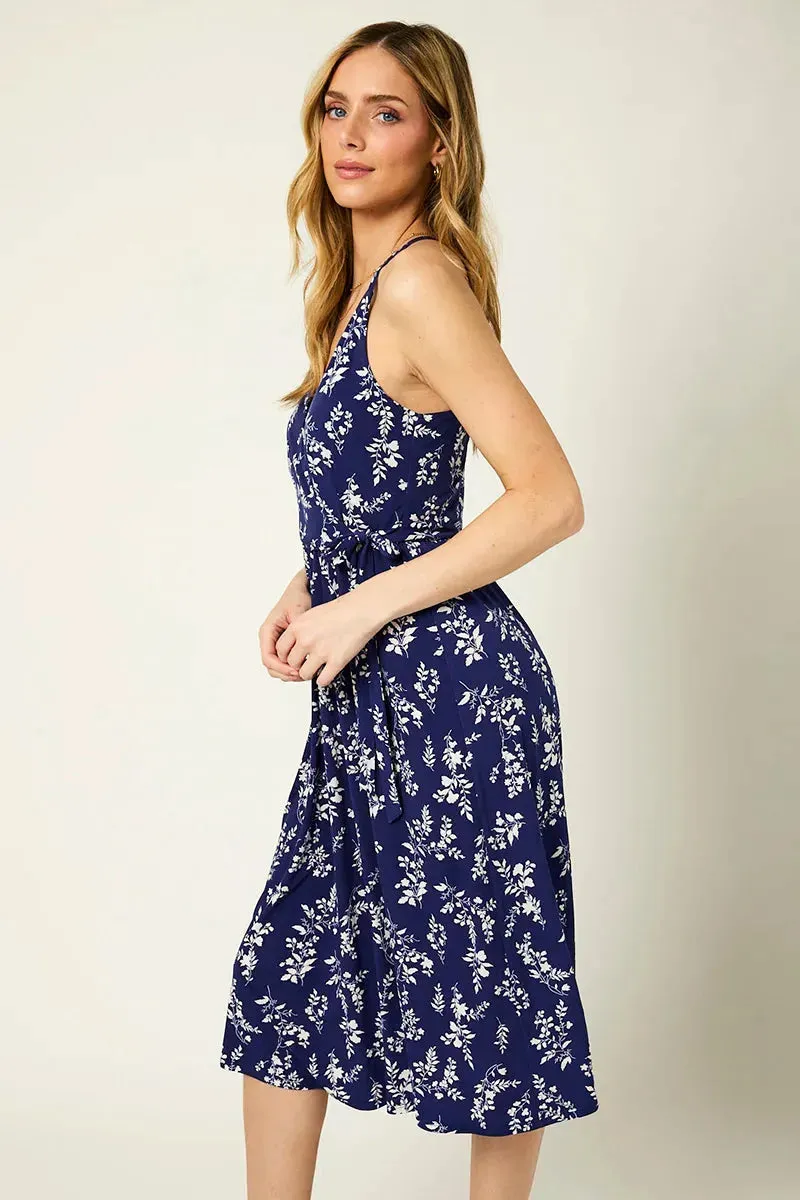 Sleeveless Spaghetti Strap Wrap Floral Midi Dress