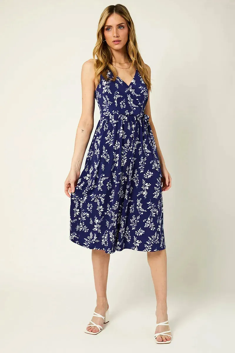 Sleeveless Spaghetti Strap Wrap Floral Midi Dress