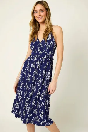 Sleeveless Spaghetti Strap Wrap Floral Midi Dress