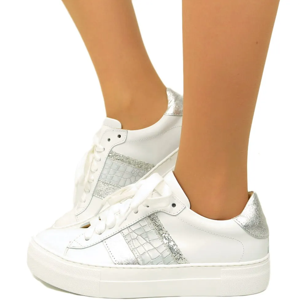 Sneakers Donna Bianche con Glitter Argento Made in Italy