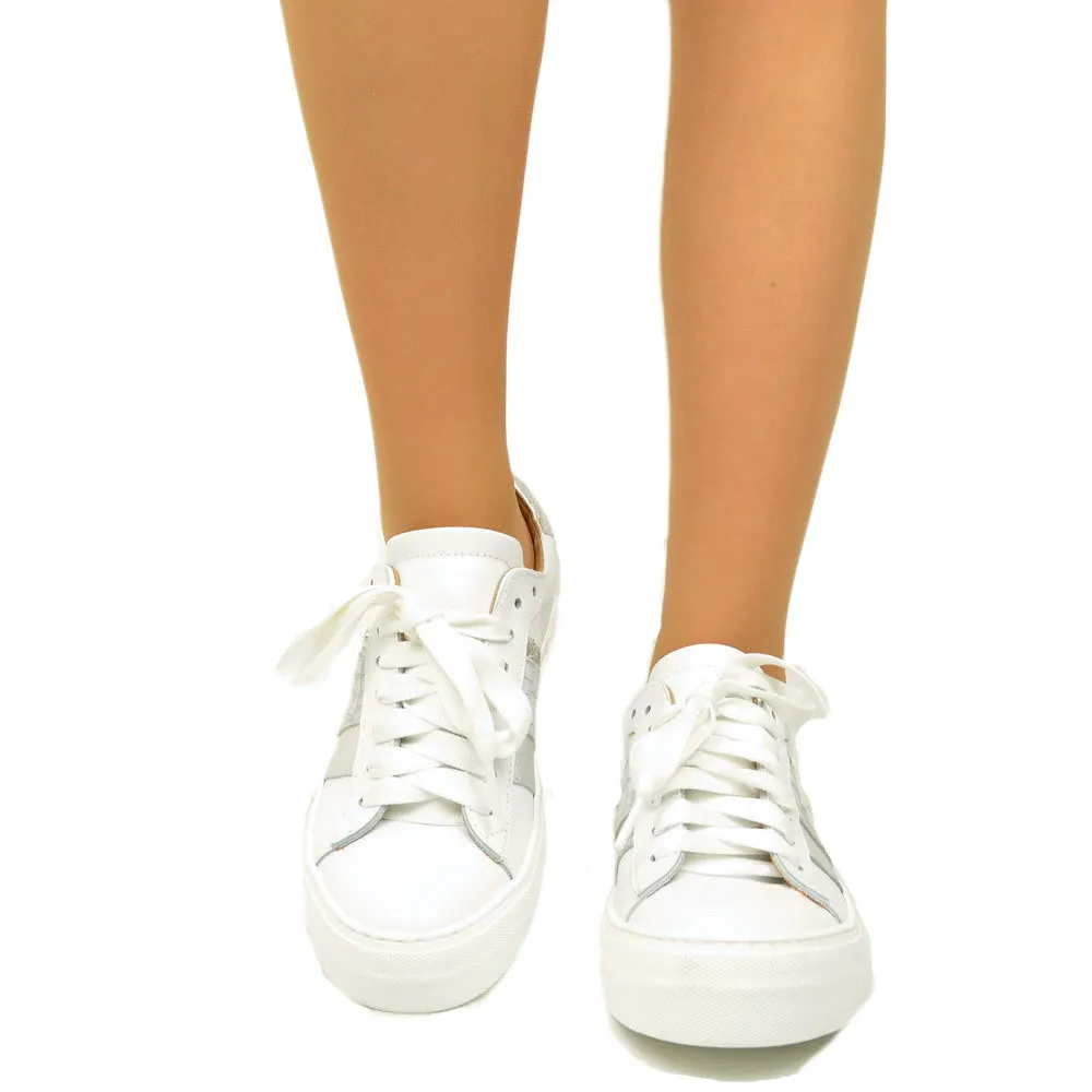 Sneakers Donna Bianche con Glitter Argento Made in Italy