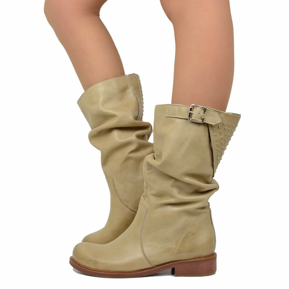 Stivali Biker Donna Metà Polpaccio in Pelle Vintage Sfumata Taupe