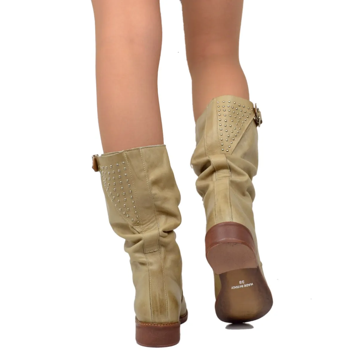 Stivali Biker Donna Metà Polpaccio in Pelle Vintage Sfumata Taupe