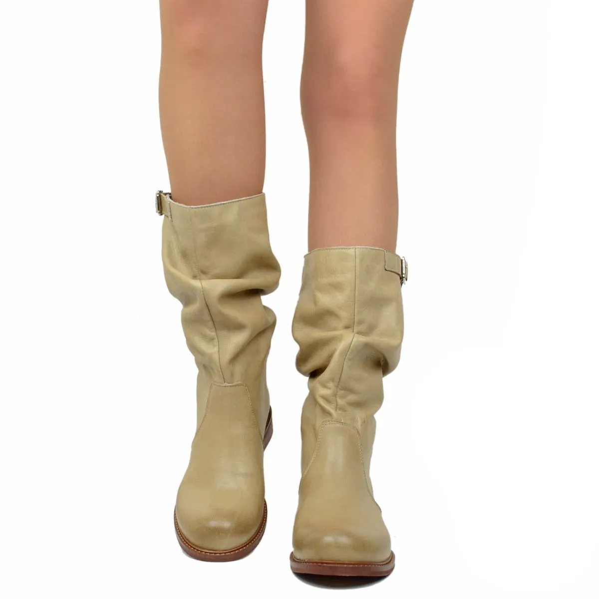 Stivali Biker Donna Metà Polpaccio in Pelle Vintage Sfumata Taupe