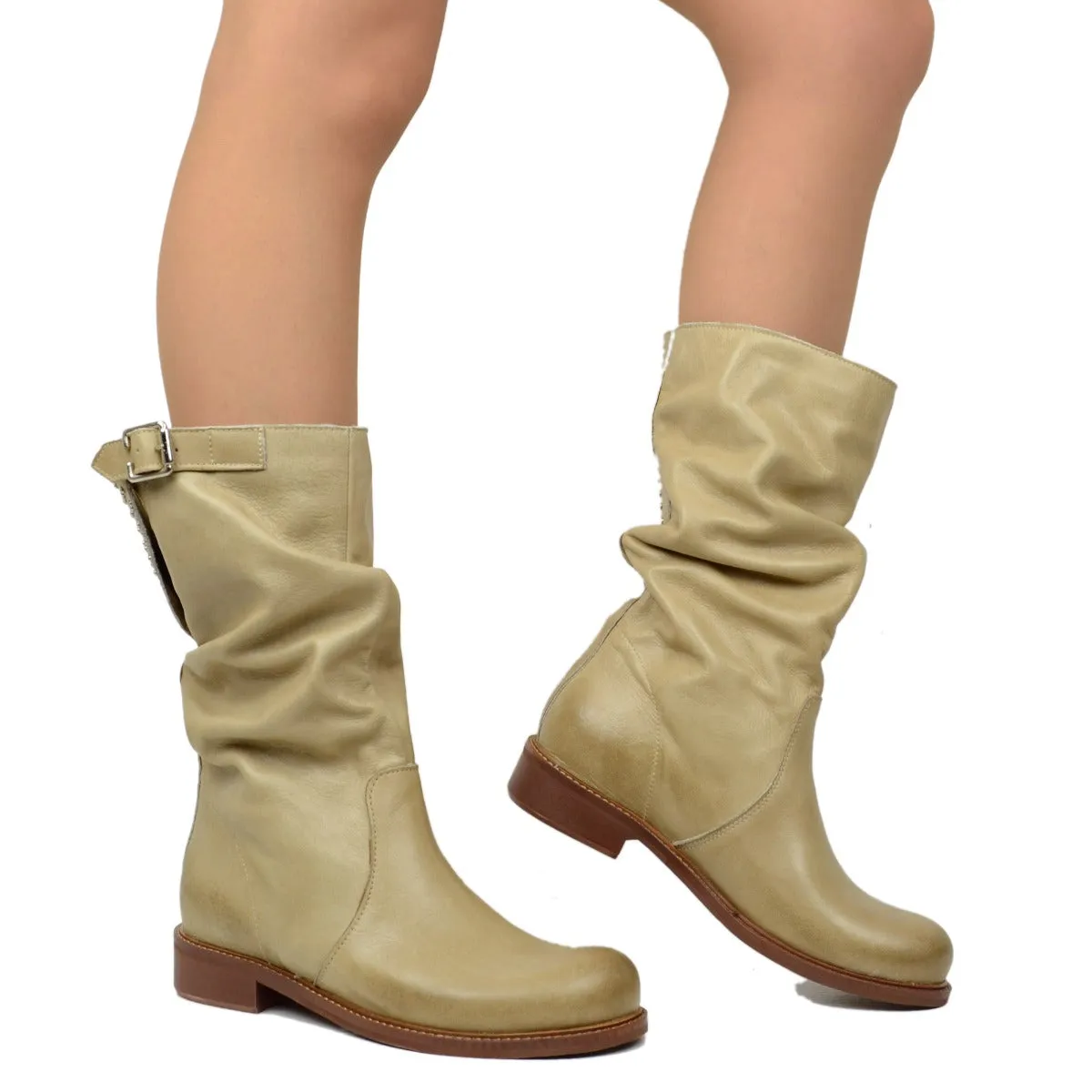 Stivali Biker Donna Metà Polpaccio in Pelle Vintage Sfumata Taupe