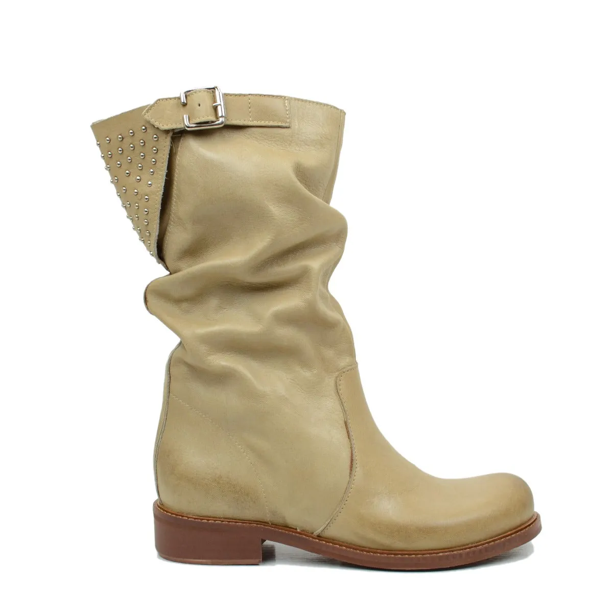 Stivali Biker Donna Metà Polpaccio in Pelle Vintage Sfumata Taupe