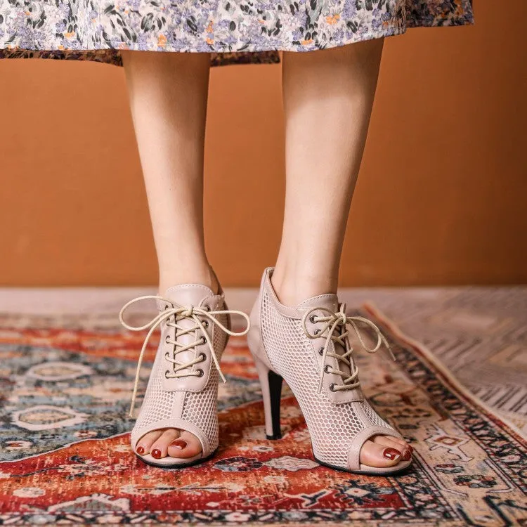 Sultry Mesh Lace-Up Heel Booties - Elegance Meets Edgy in Every Step