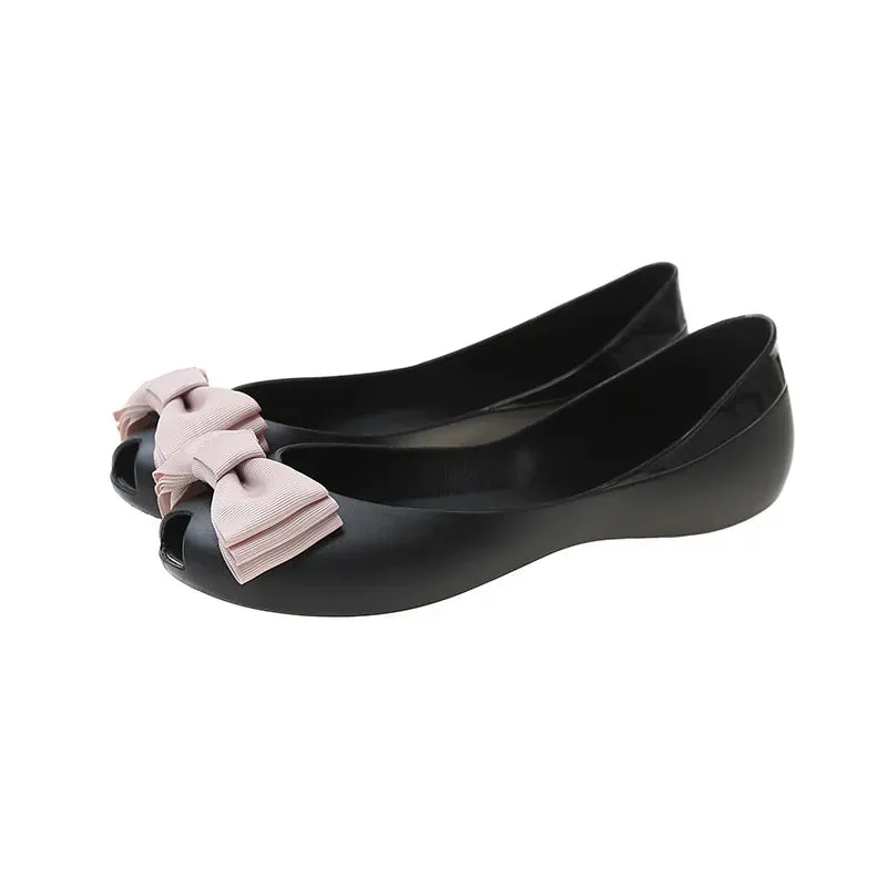 sweet bowknot jelly shoes woman flats candy color peep toe summer ballerina shoes waterproof transparent loafers for women