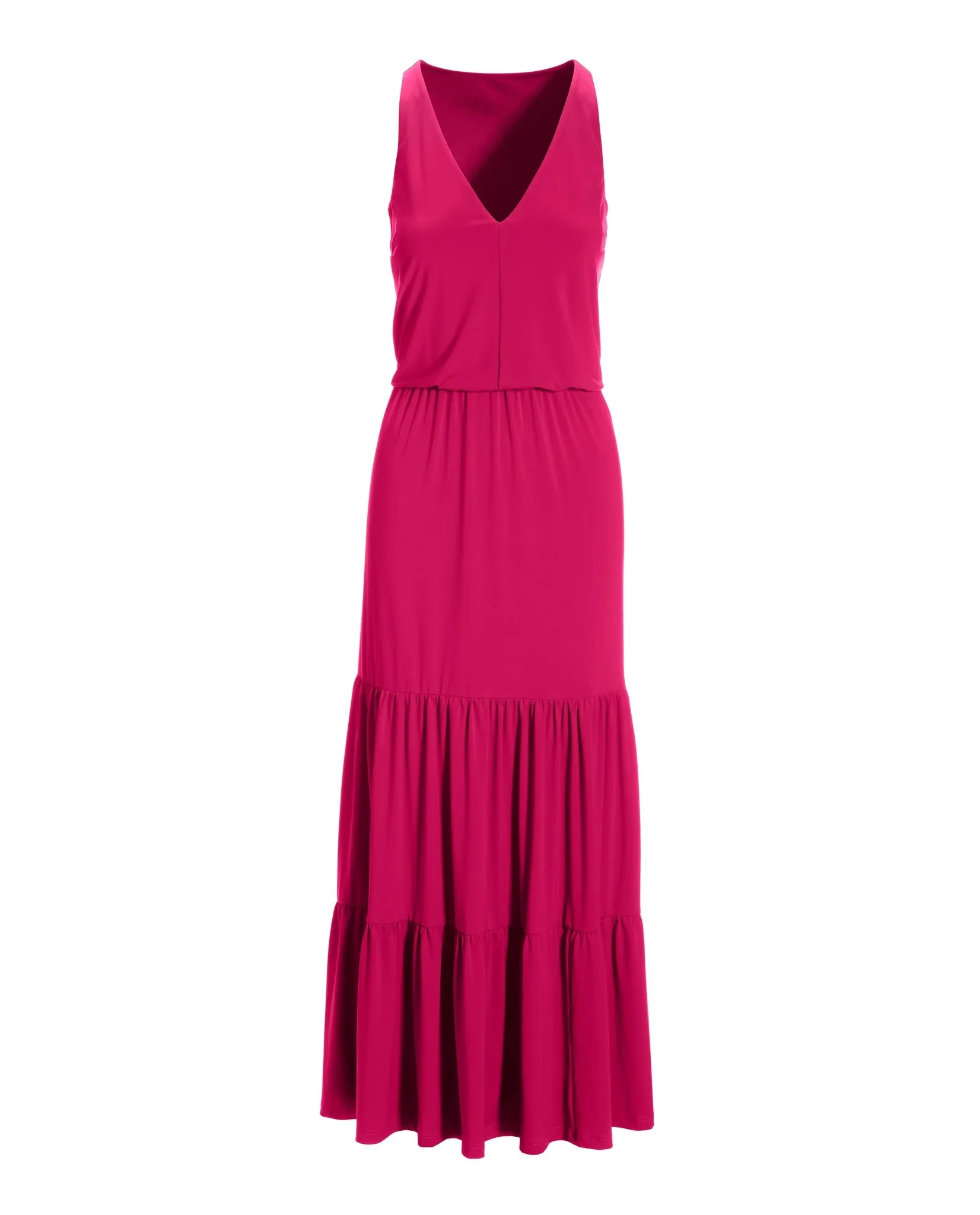 V Neck Blouson Tiered Knit Maxi Dress Raspberry
