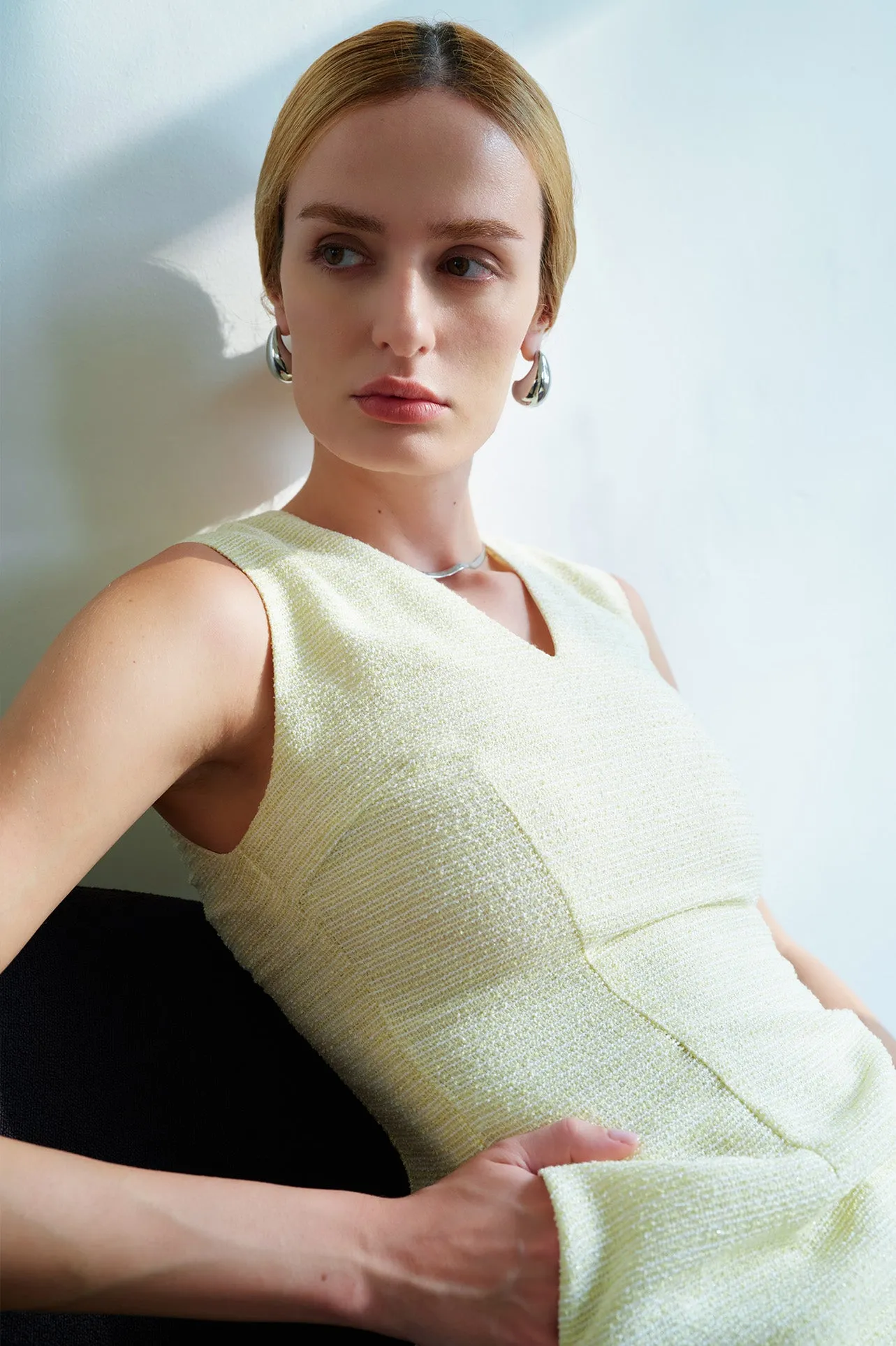 V-NECKLINE TWEED DRESS IN YELLOW