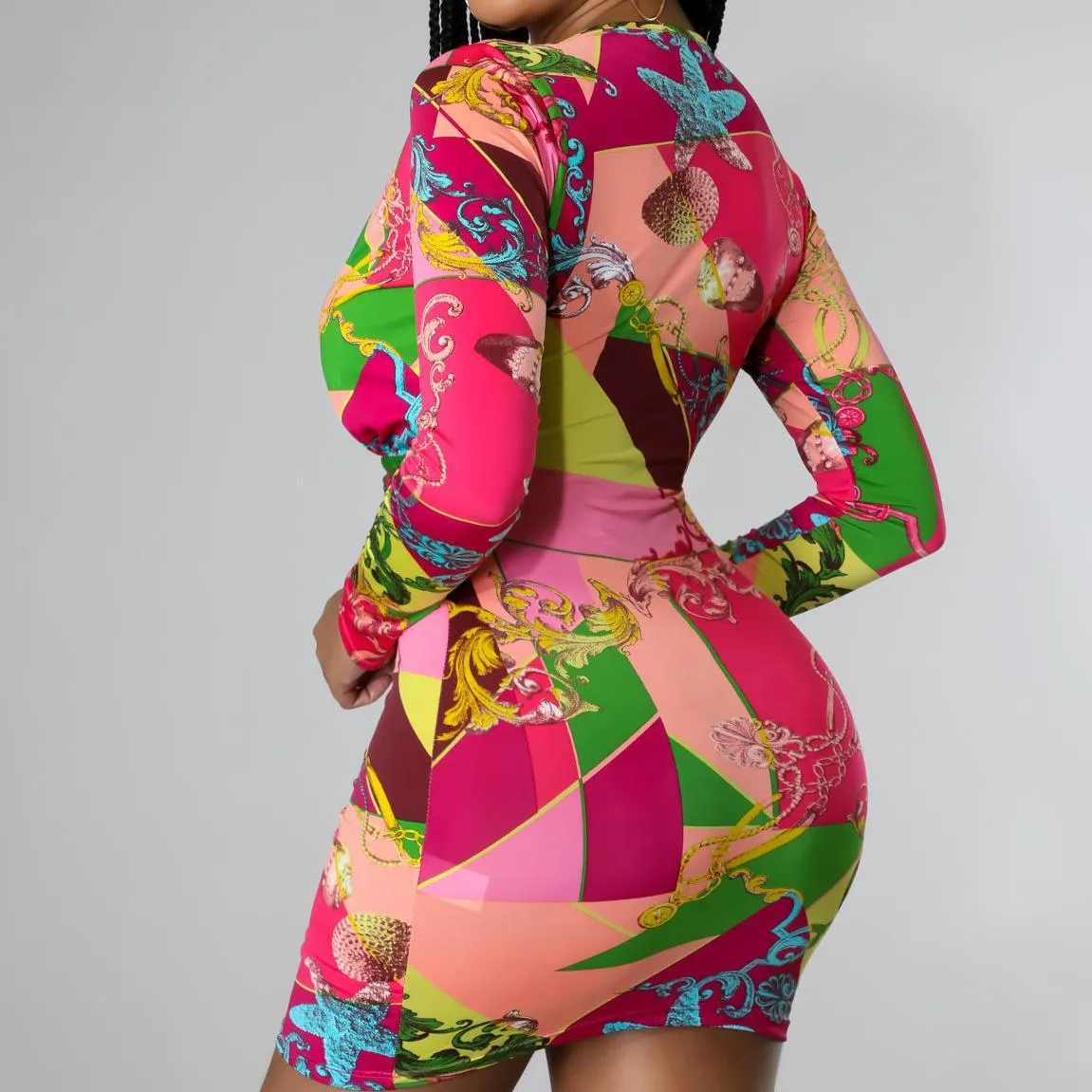 Vibrant Long-Sleeve Plunging Neckline Printed Mini Dress