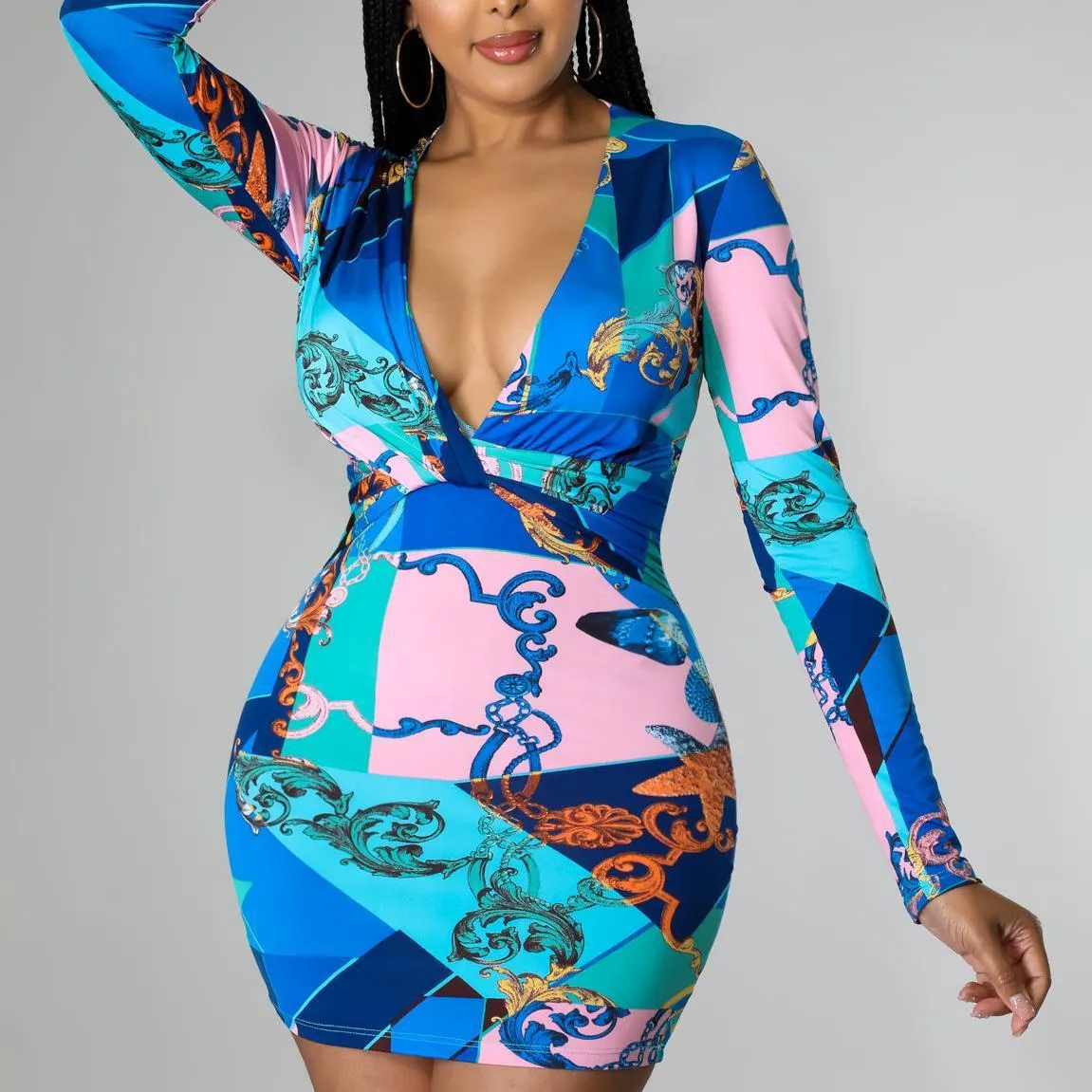 Vibrant Long-Sleeve Plunging Neckline Printed Mini Dress