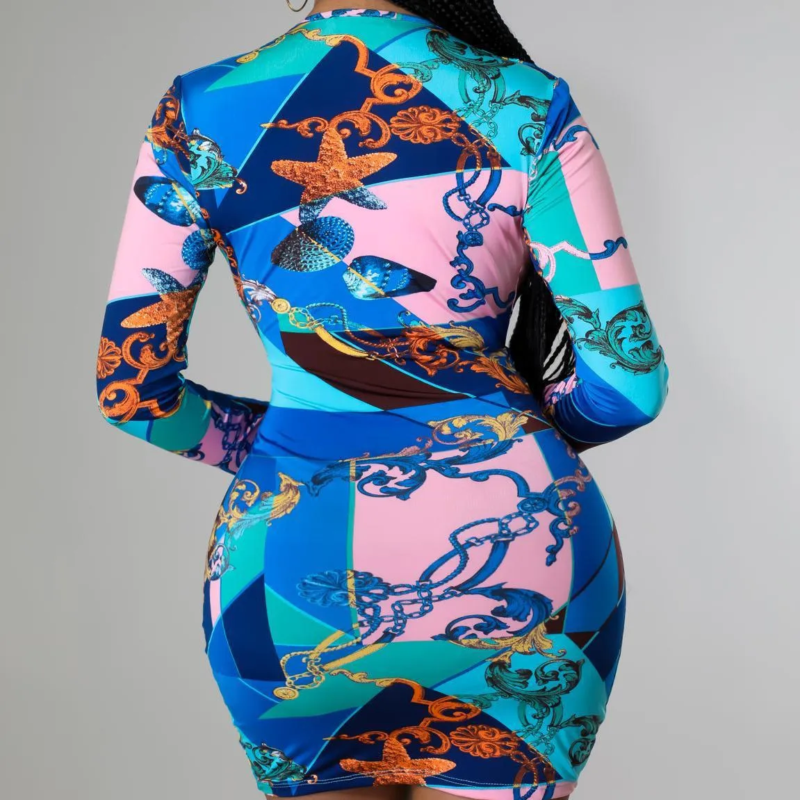 Vibrant Long-Sleeve Plunging Neckline Printed Mini Dress