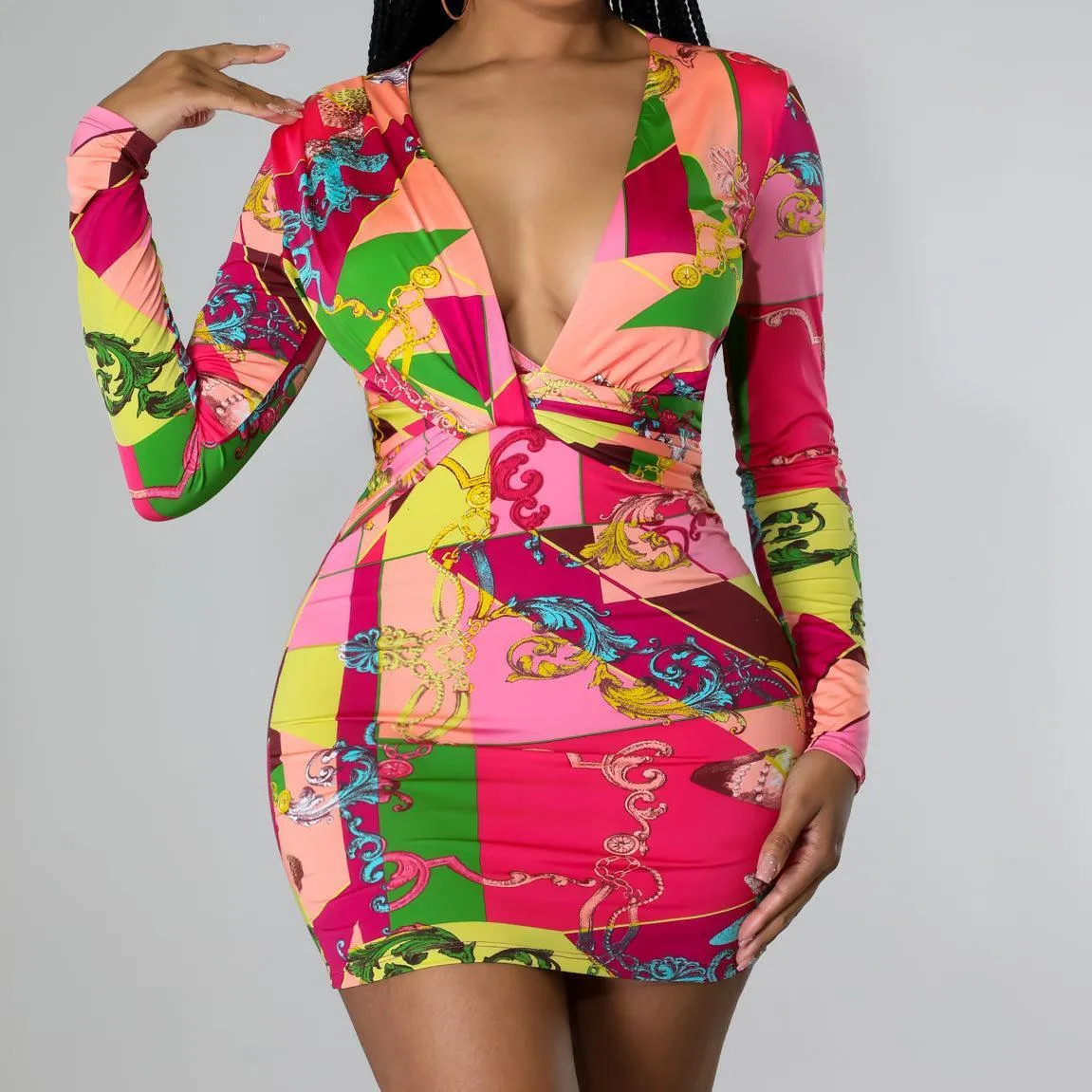 Vibrant Long-Sleeve Plunging Neckline Printed Mini Dress