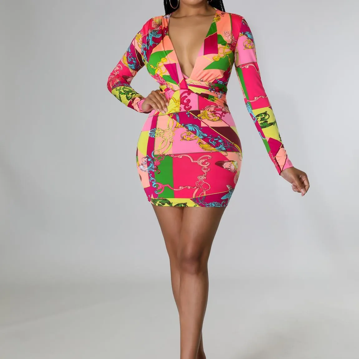 Vibrant Long-Sleeve Plunging Neckline Printed Mini Dress