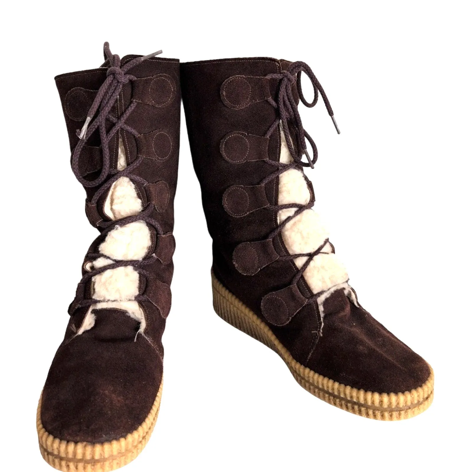Vintage 70s Winter Boots Ladies Brown Suede   Shearling Size 9