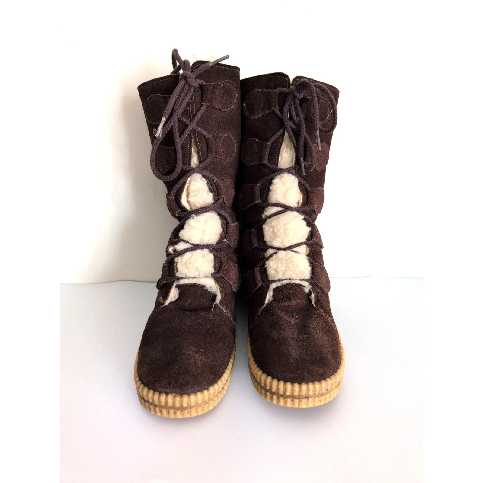 Vintage 70s Winter Boots Ladies Brown Suede   Shearling Size 9