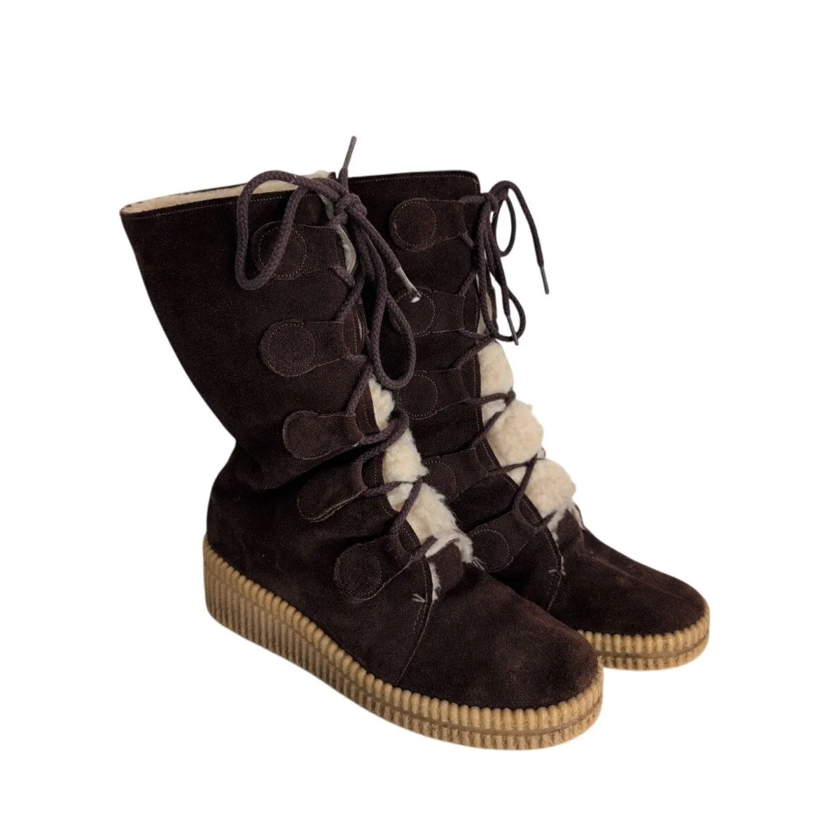 Vintage 70s Winter Boots Ladies Brown Suede   Shearling Size 9
