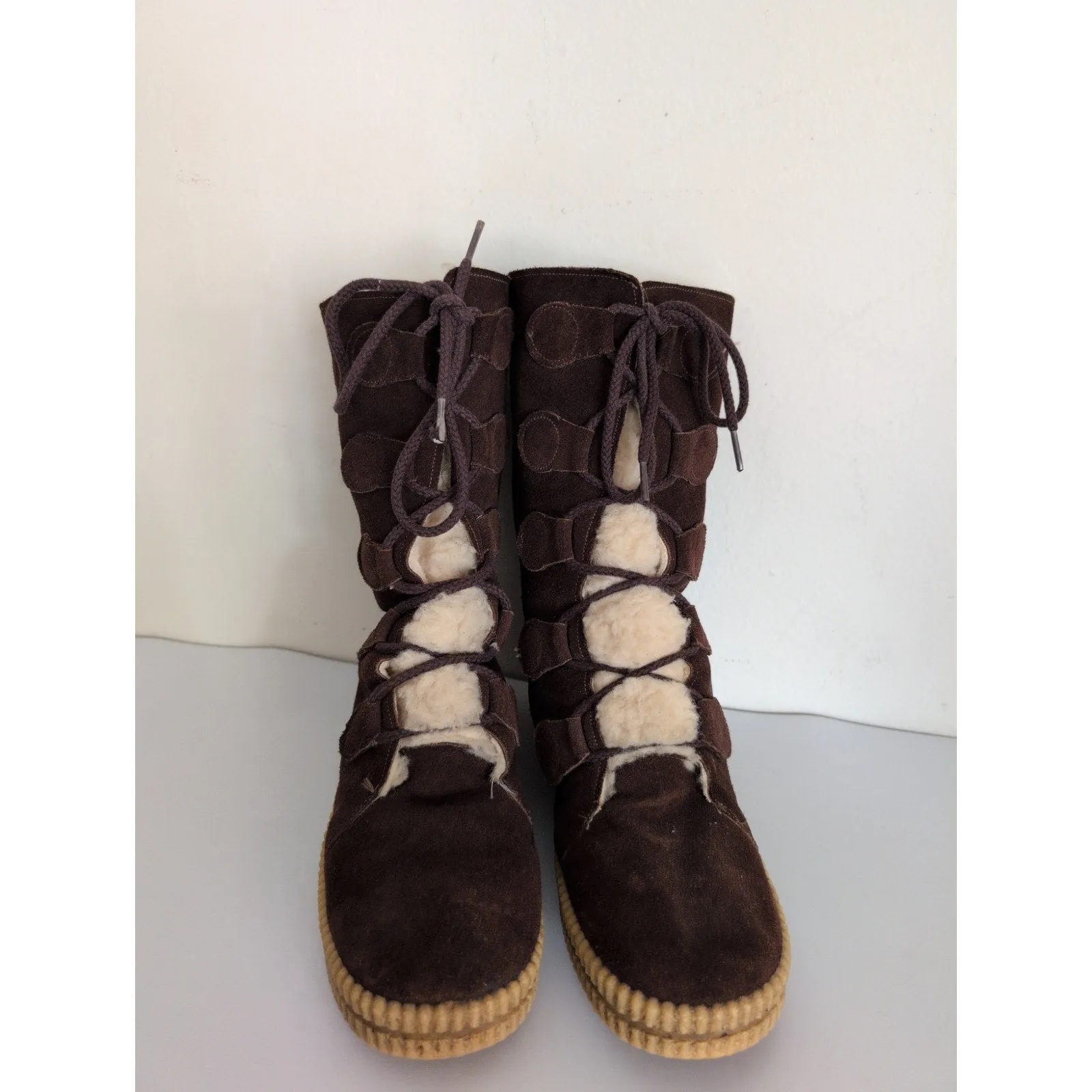 Vintage 70s Winter Boots Ladies Brown Suede   Shearling Size 9
