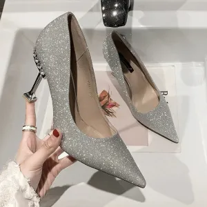 VougeVamp Elegant Stiletto Heels – Nude & Metallic Pointed Toe Dress Shoes with Pearl Detail for Bridal, Party & Special Occasions