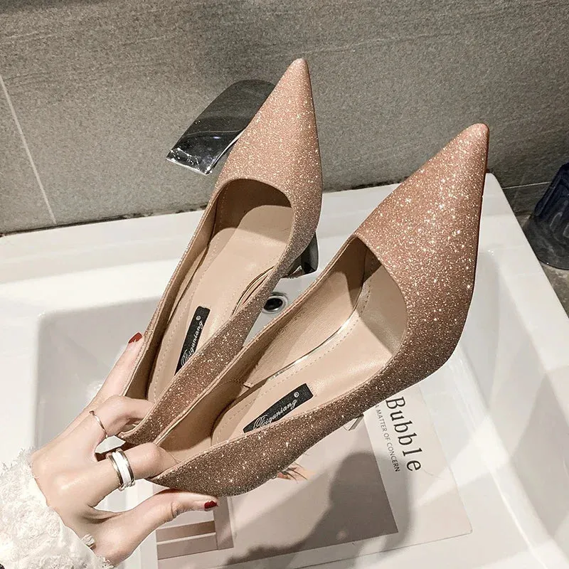 VougeVamp Elegant Stiletto Heels – Nude & Metallic Pointed Toe Dress Shoes with Pearl Detail for Bridal, Party & Special Occasions