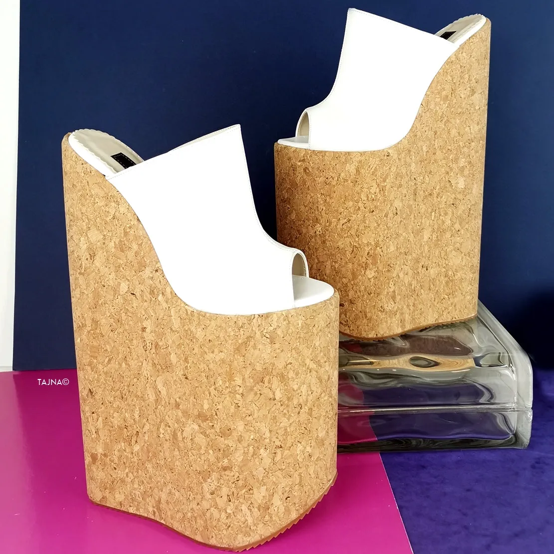 White Extreme High Heel Cork Mules