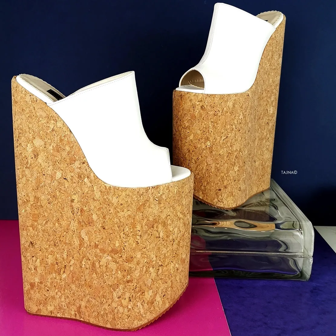 White Extreme High Heel Cork Mules