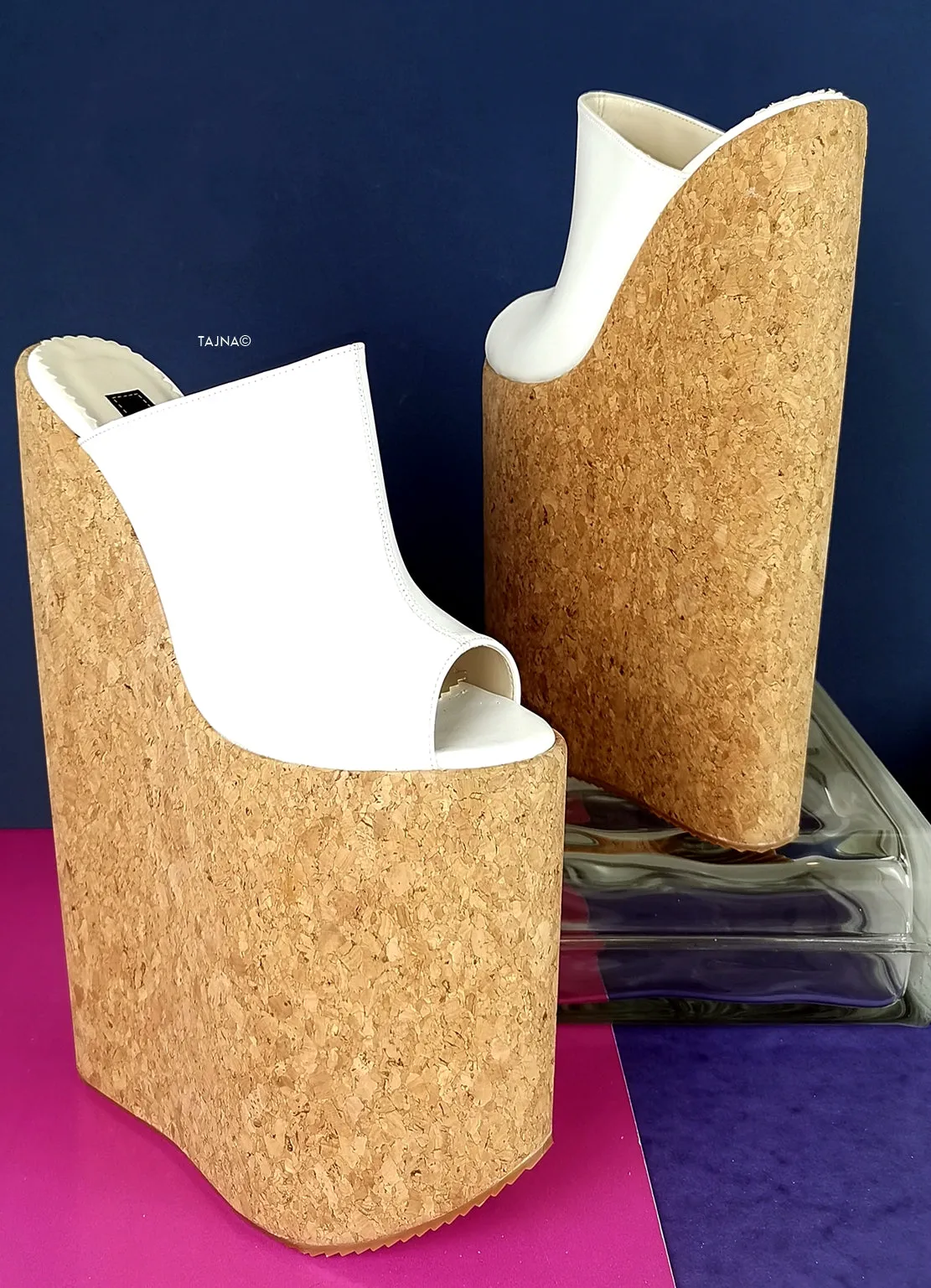 White Extreme High Heel Cork Mules