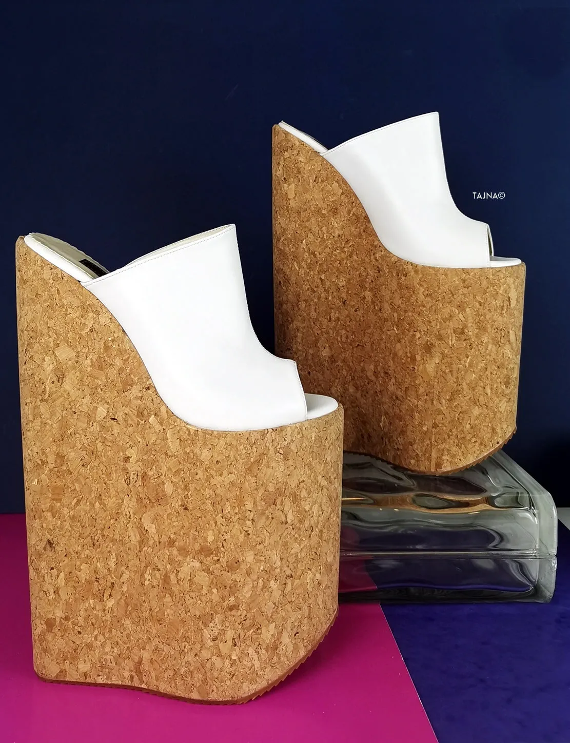 White Extreme High Heel Cork Mules