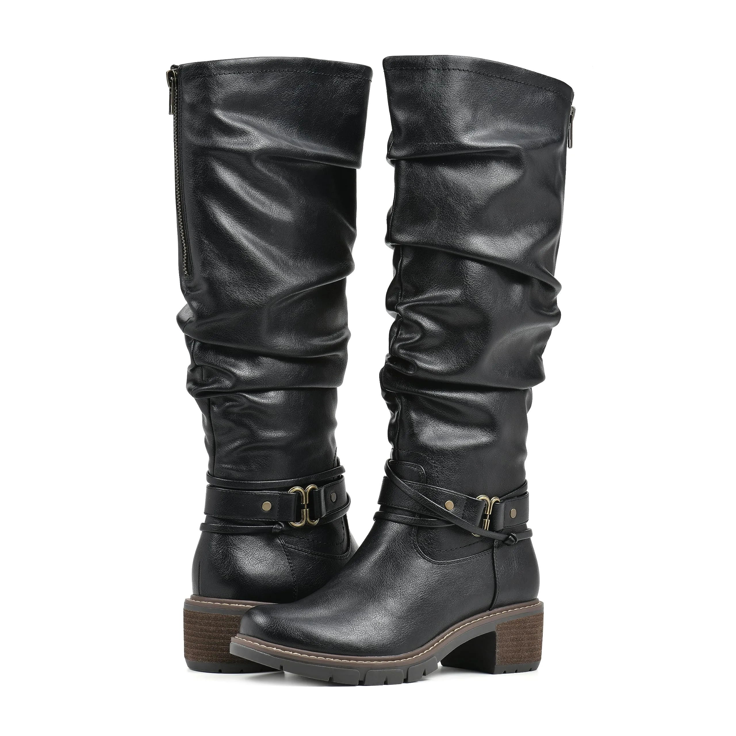 WHITE MOUNTAIN Women's Shoes Crammers Stack-Heeled Tall Boot, Black/Burn/Smooth, 9 M