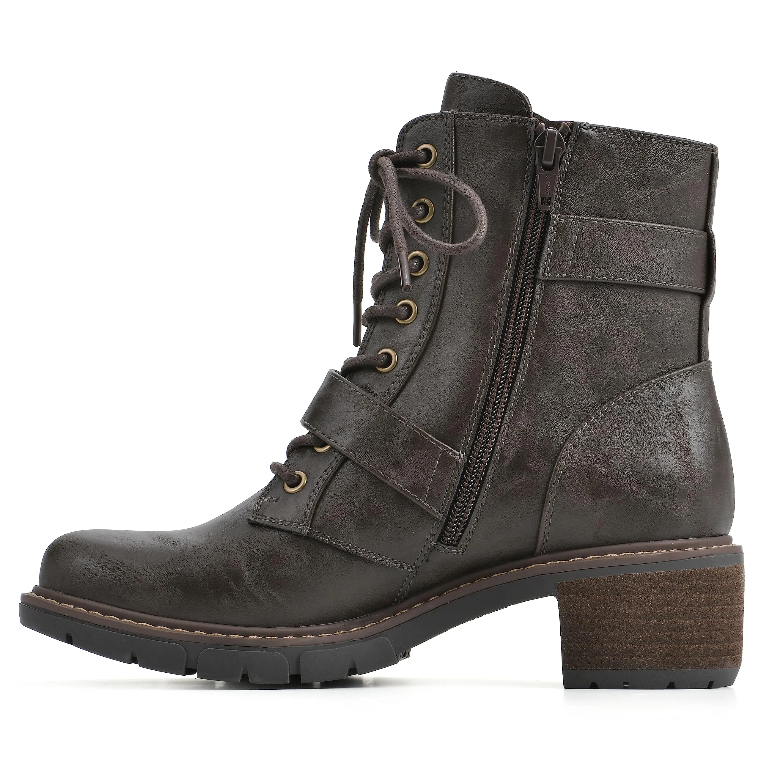 WHITE MOUNTAIN Women's Shoes Crank Block Heel Moto Boot, Dk.Brown/Smooth, 6 M