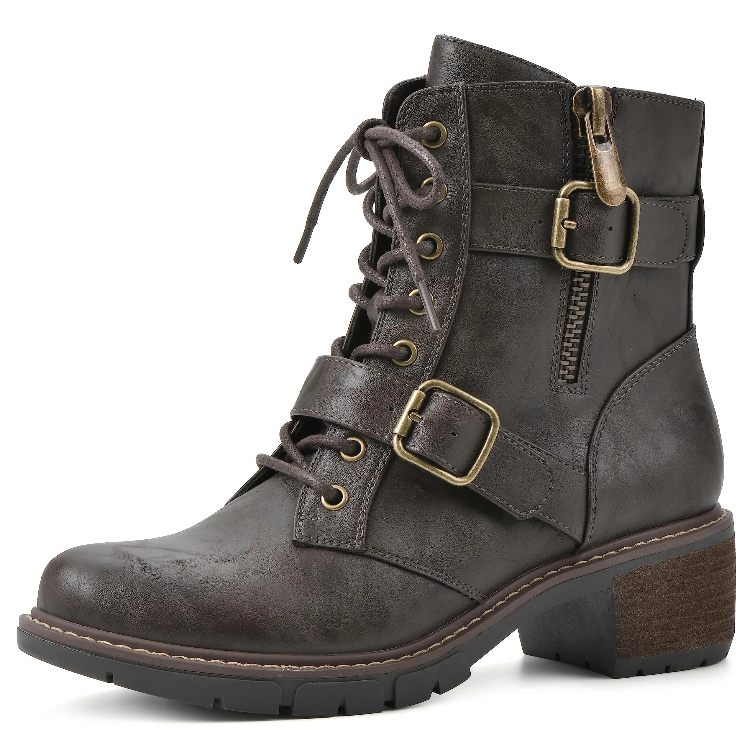 WHITE MOUNTAIN Women's Shoes Crank Block Heel Moto Boot, Dk.Brown/Smooth, 6 M
